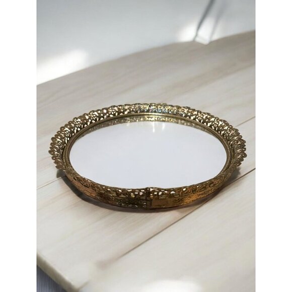 Vintage Ornate Brass & Glass Oval Vanity Tray or Wall Mirror - Picture 2 of 9